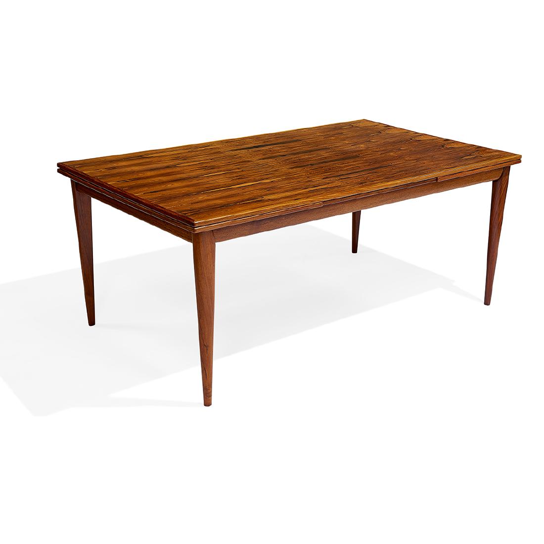 Niels Otto Møller dining table: Niels Otto Møller (1920-1981) for J.L. Møllers Møbelfabrik dining table, #12 Denmark, circa 1970 rosewood unmarked 59"w x 39 1/4"d x 29 1/2"h; fully extended: 104"w