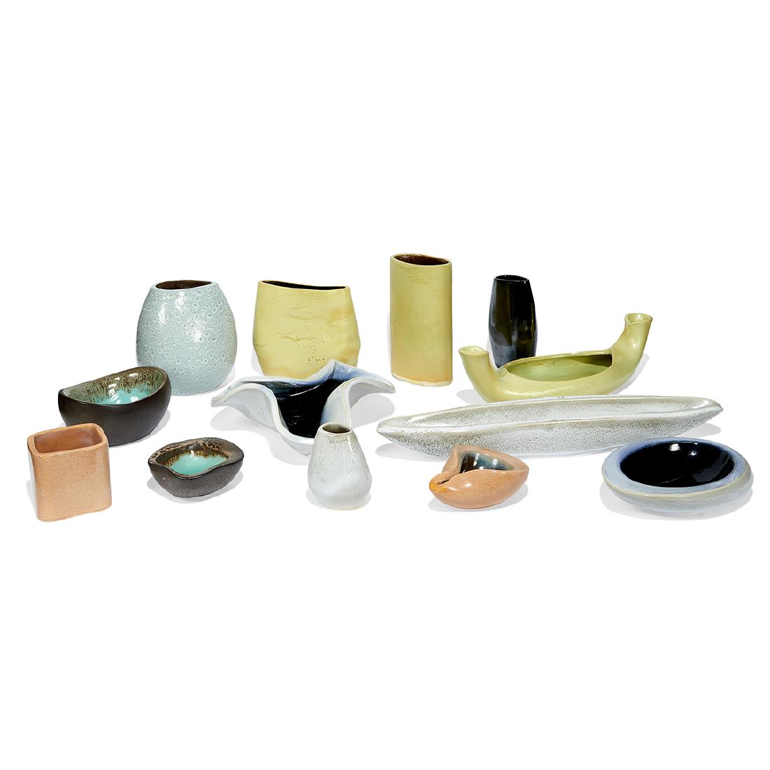 Russel Wright Bauer vessels, collection of 13: Russel Wright (1904-1976) for Bauer vessels, collection of 13 USA, circa 1945 glazed stoneware six marked Russel Wright Bauer including Manta Ray bowl, Pillow vase, centerpiece with candleholders and