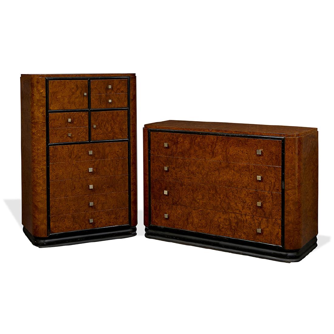 Donald Deskey Valentine-Seaver Co. dressers, two : Donald Deskey (1894-1989) for Valentine-Seaver Co. dressers, two USA, circa 1930 walnut, matte-chromed steel, acrylic, mirrored glass metal Valentine-Seaver Co. labels taller: 34"w x 18"d x 51 1/2"h