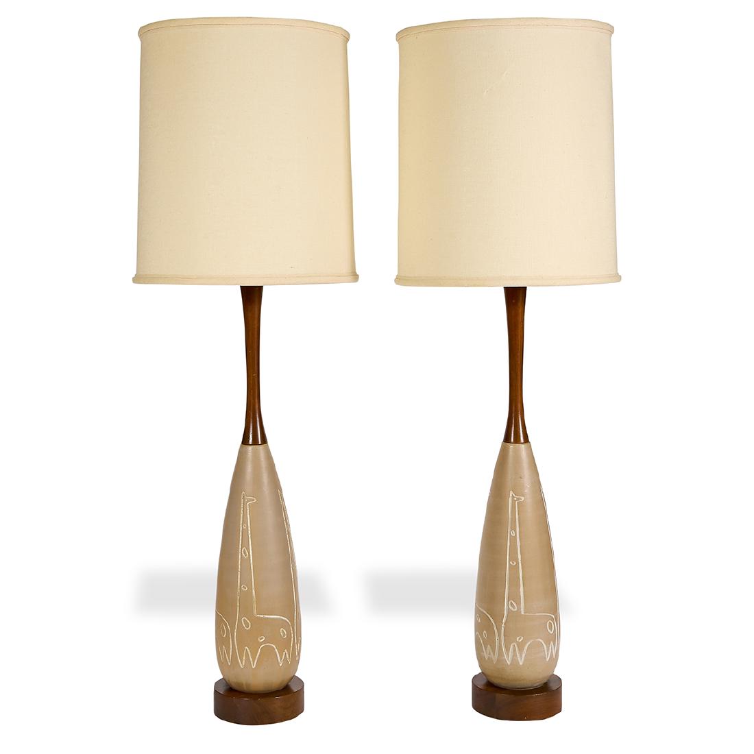 Raymor lamps, pair: Raymor lamps, pair Italy, circa 1950 ceramic, metal, linen unmarked 14"dia x 44 1/2"dia