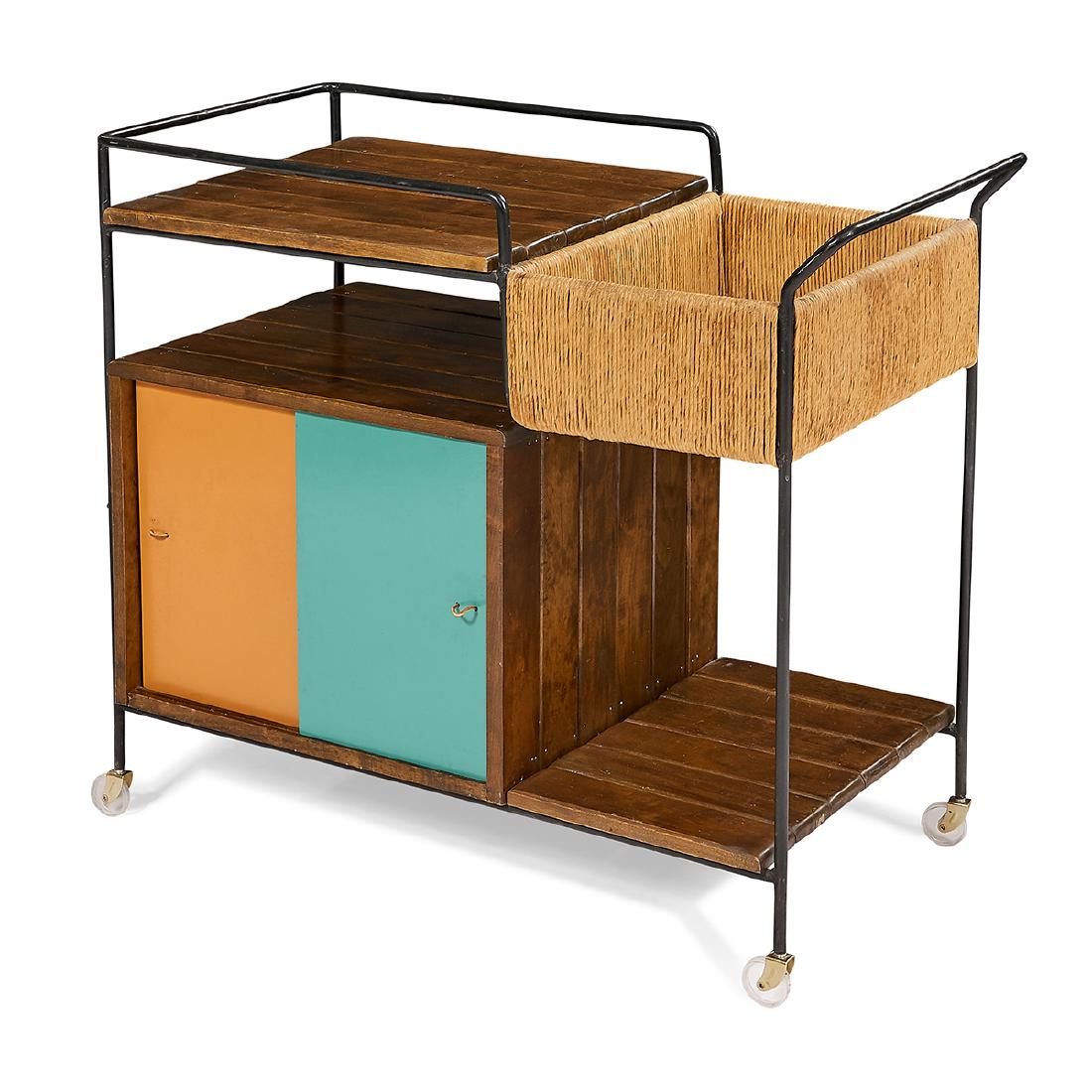 Arthur Umanoff Raymor bar cart: Arthur Umanoff (1923-1985) for Raymor bar cart USA, circa 1950 wood, lacquered masonite, enameled steel, jute unmarked 35 1/2"w x 18"d x 32 1/2"h