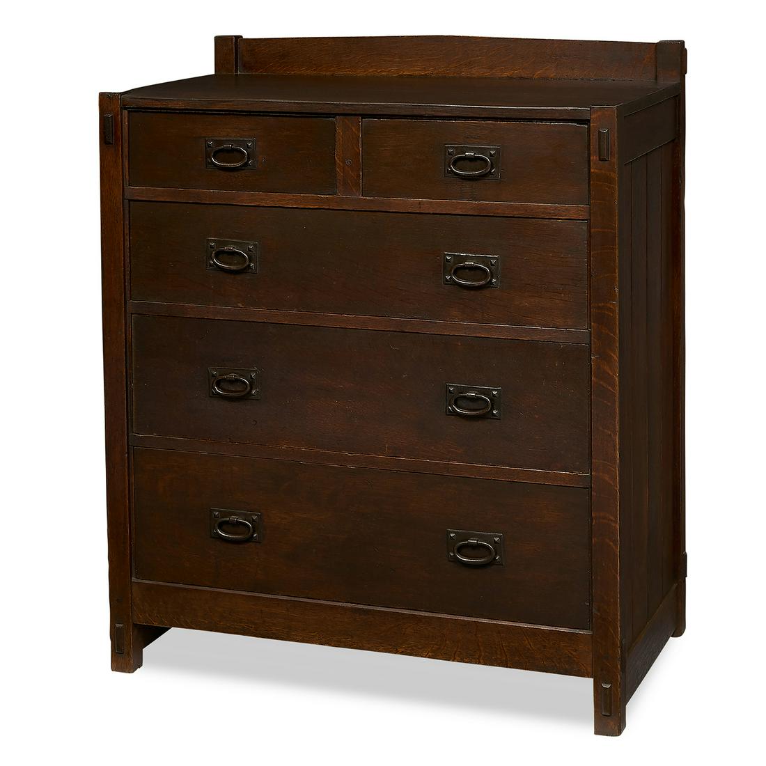 Gustav Stickley chest of drawers, #626: Gustav Stickley (1858-1942) chest of drawers, #626 Eastwood, New York oak, iron marked with large red decal and Eastwood paper label 36"w x 20"d x 42 1/2"h