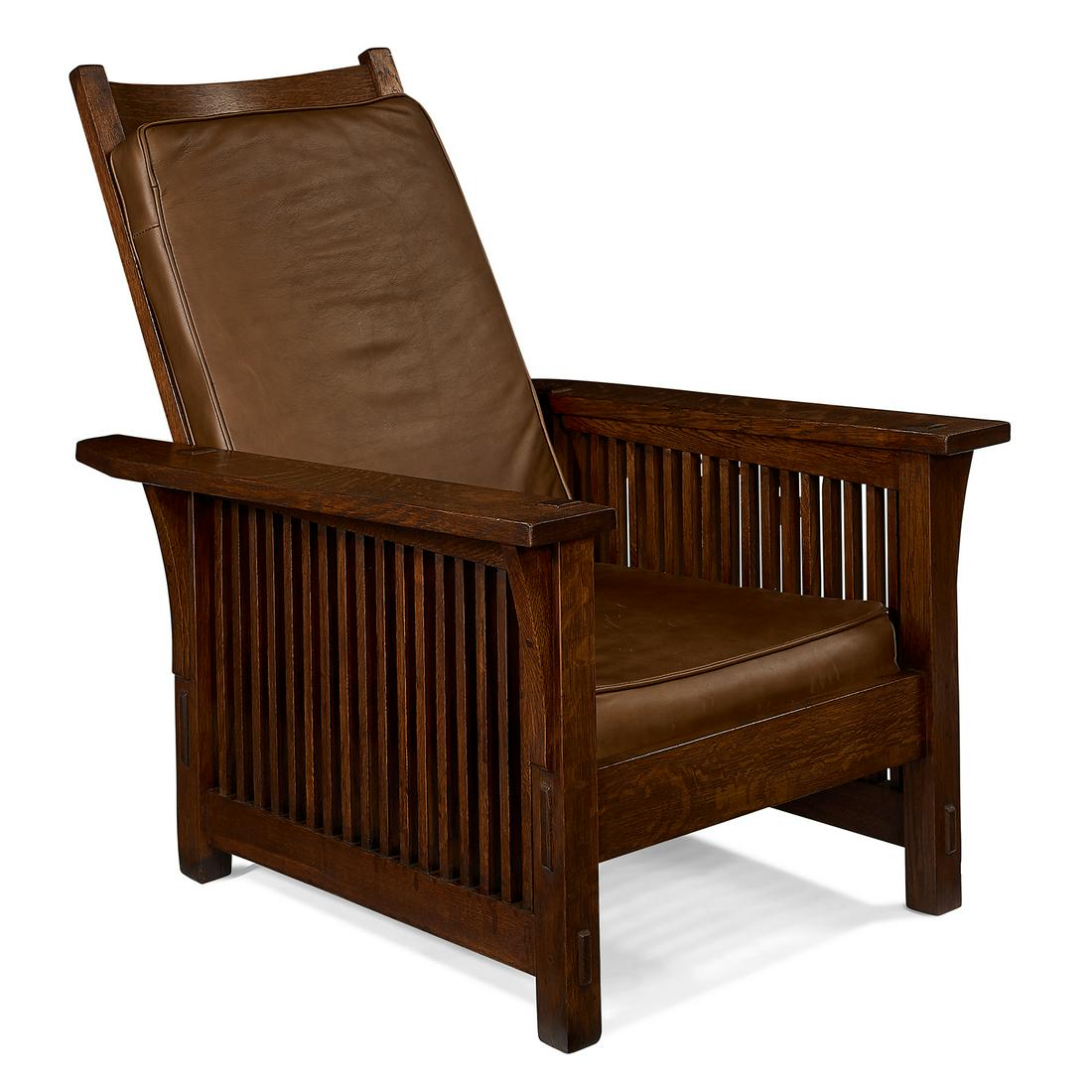 Gustav Stickley gentlemen's spindle Morris chair, #368: Gustav Stickley (1858-1942) gentlemen's spindle Morris chair, #368 Eastwood, New York oak, leather branded mark 30"w x 36"d x 39"h