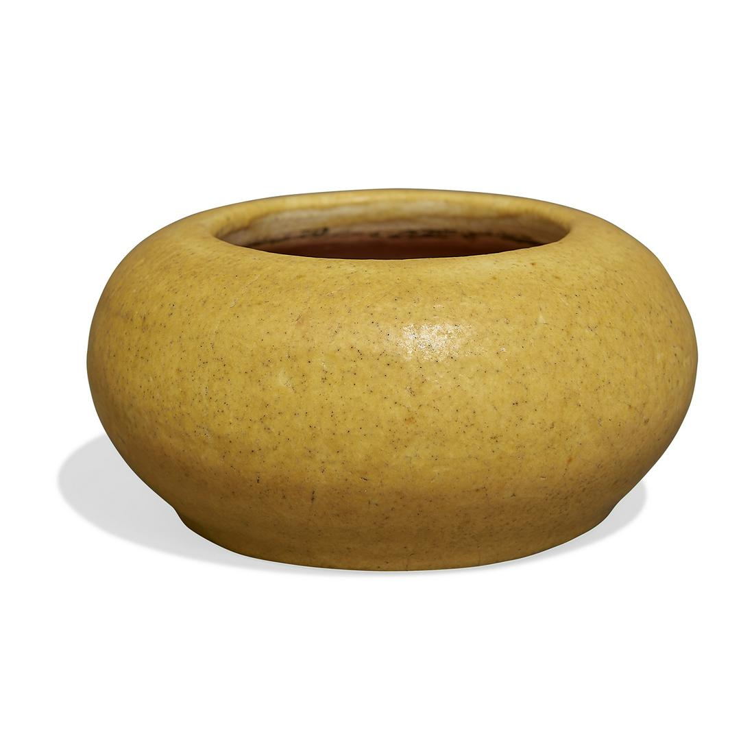 Grueby cabinet bowl: Grueby cabinet bowl Boston, Massachusetts matte mustard glazed ceramic circular Pottery mark 3 3/8"dia x 1 5/8"h