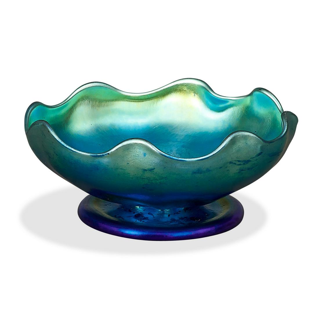Louis Comfort Tiffany footed bowl, salt cellar: Louis Comfort Tiffany (1848-1933) footed bowl / master salt cellar New York, New York blue Favrile glass etched marks 4"dia x 1 3/4"h