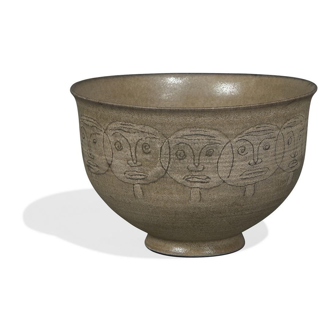 Edwin Scheier & Mary Scheier bowl: Edwin Scheier (1910-2008) & Mary Scheier (1908-2007) bowl decorated with a repeating motif of faces Durham, New Hampshire, 1940s grey matte glazed ceramic incised signature 6 3/4"dia x 4 1/8"h