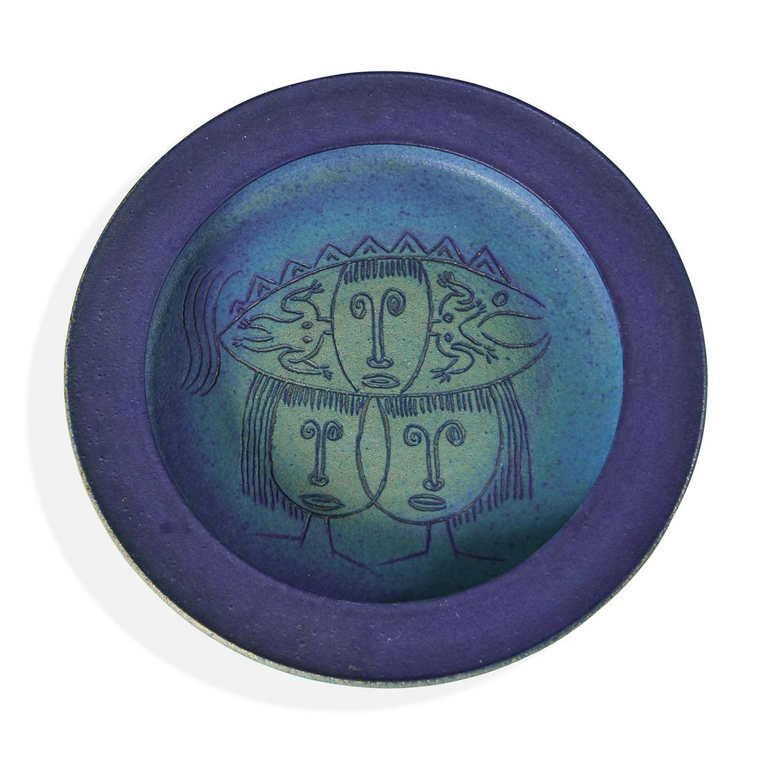 Edwin Scheier and Mary Scheier round dish: Edwin Scheier (1910-2008) and Mary Scheier (1908-2007) round dish with figural decoration Durham, New Hampshire, 1960s blue glazed earthenware incised signature 9 3/16"dia x 1 1/4"h