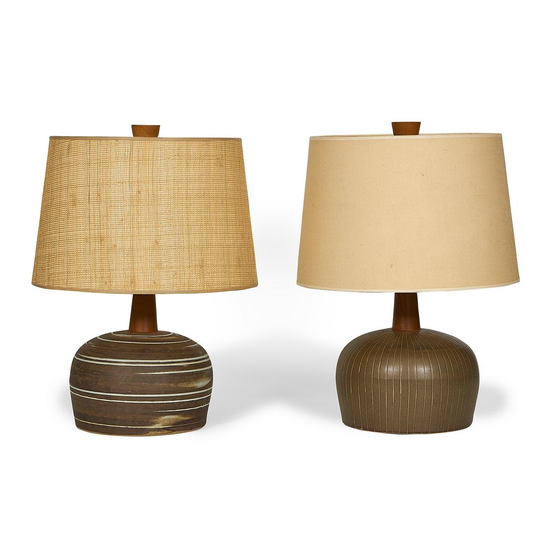 Gordon Martz & Jane Marshall Martz table lamps, two: Gordon Martz (1924-2015) & Jane Marshall Martz (1929-2007) for Marshall Studios table lamps, two Veedersburg, Indiana, 1960s glazed ceramic, walnut each signed each: 13"dia x 17"h