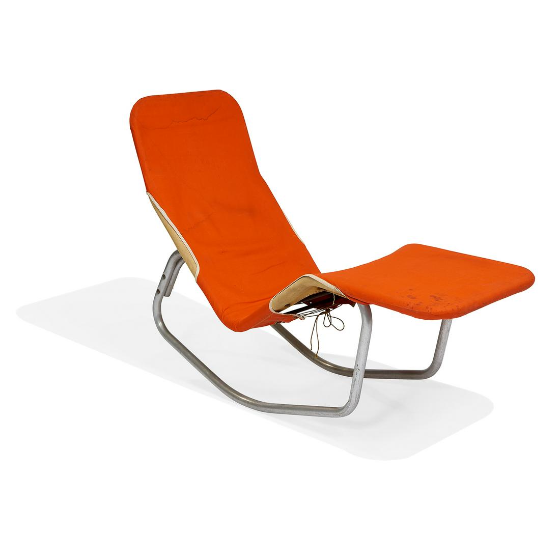 Edgar Bartolucci & John Waldheim lounge chair: Edgar Bartolucci (1918-2014) & John Waldheim (1920-2002) for Barwa Associates Barwa lounge chair Los Angeles, California, 1940s tubular aluminum, original canvas worn Barwa label to frame 20 1/2"w x 5