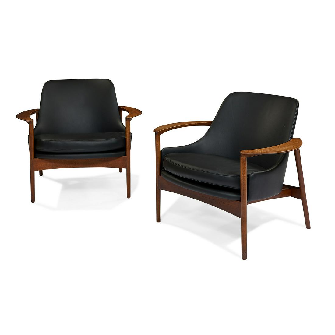 Ib Kofod-Larsen for Selig rare lounge chairs,pair: Ib Kofod-Larsen (1921-2003) for Selig rare lounge chairs, pair Denmark, 1960s teak, leather, upholstery round metal Selig tags to both chairs 33 1/2"w x 29"d x 27 1/2"h