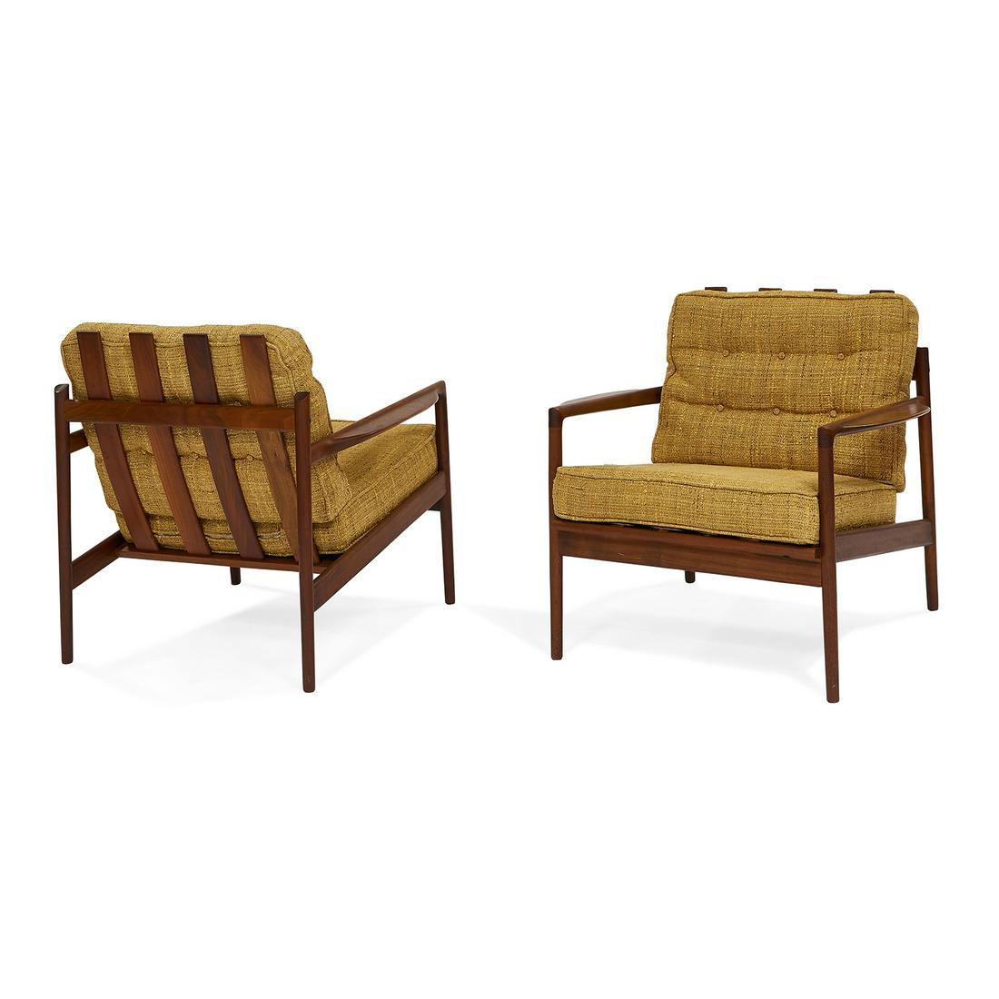 Ib Kofod-Larsen for Selig lounge chairs, pair: Ib Kofod-Larsen (1921-2003) for Selig slat-back lounge chairs, pair Denmark, 1960s teak, upholstery round metal Selig tags to both seats original upholstery with new foam 30"w x 28"d x 29"h