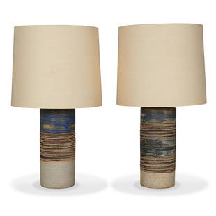 Tue Poulsen table lamps, pair: Tue Poulsen (b. 1939) table lamps, pair Denmark, 1960s ceramic, linen, brass, plastic impressed signature includes shades 16"dia x 29"h