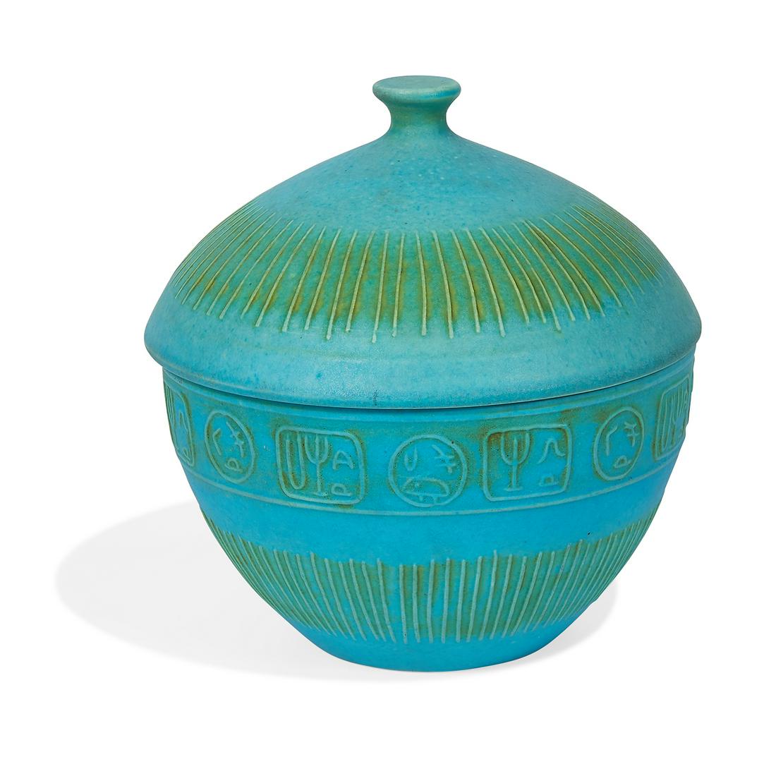 Bitossi / Raymor lidded vessel: Bitossi, Distributed by Raymor lidded vessel, #R 1059 Italy, circa 1960 glazed ceramic signed and paper label remnant 6 3/4"dia x 7"h