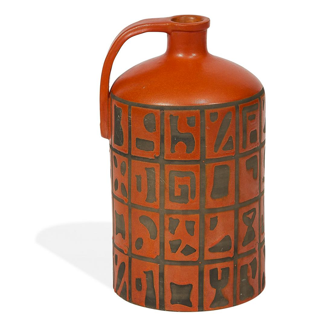 Alvino Bagni for Bitossi / Raymor jug: Alvino Bagni (1919-2000) for Bitossi, Distributed by Raymor jug, #505 BAG, #R.444 Italy, 1950s glazed ceramic Raymor sticker label, marked R.444 5 1/2"dia x 10"h