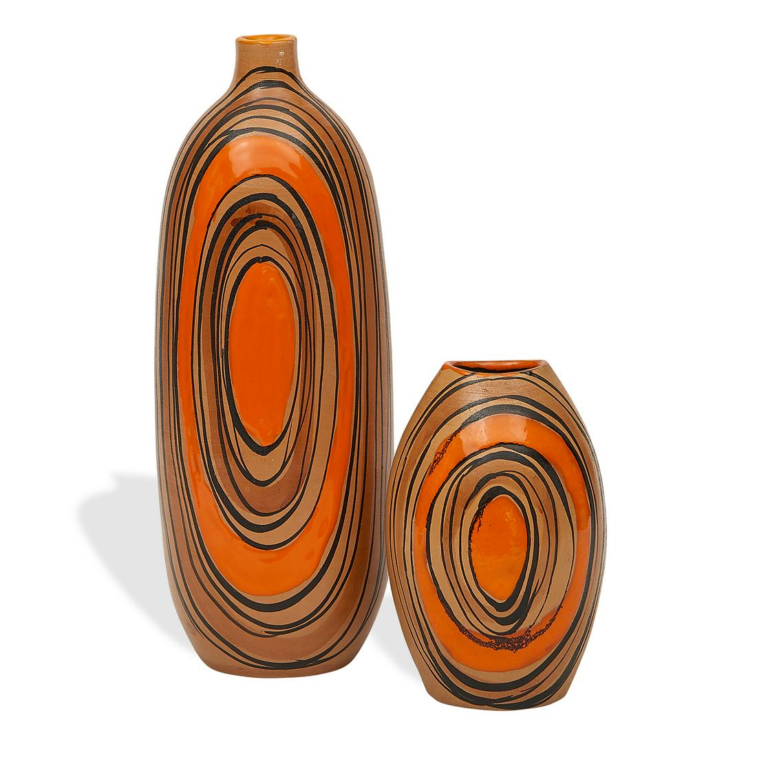 Bitossi / Raymor vases, near pair: Bitossi, Distributed by Raymor vases, near pair, #2665 and #2666 Italy, 1960s glazed ceramic Raymor sticker labels to both examples taller: 4 3/4"w x 3 1/2"d x 12"h