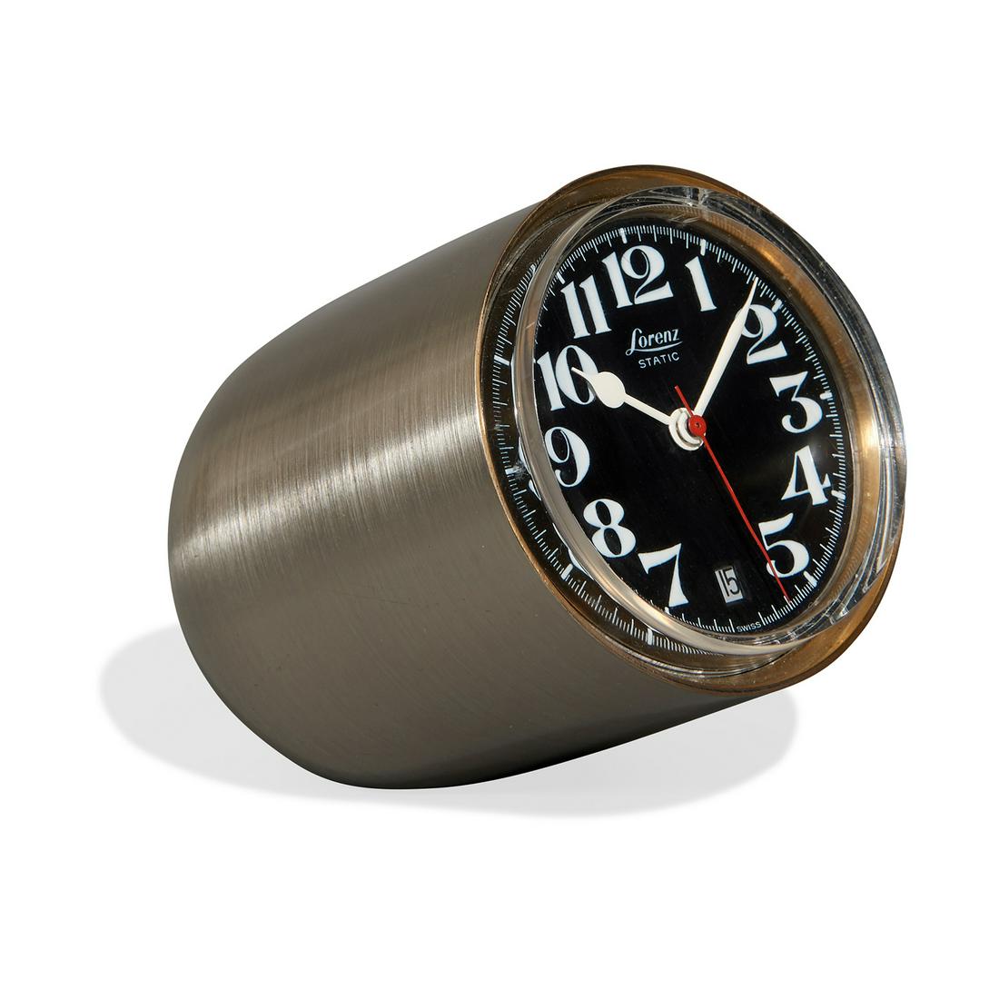 Richard Sapper for Lorenz Static table clock: Richard Sapper (1932-2015) for Lorenz Static table clock, with original case Germany, 1960s aluminum, plastic, leather marked This design won the Compasso d'Oro award in 1960. 2 1/2"w x 4"d x 3"h