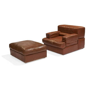 Percival Lafer / Lafer MP lounge chair &  ottoman: Percival Lafer (b. 1936) for Lafer MP lounge chair and ottoman Brazil, 1970s leather upholstery, wood paper labels 33"w x 37"d x 23 1/2"h