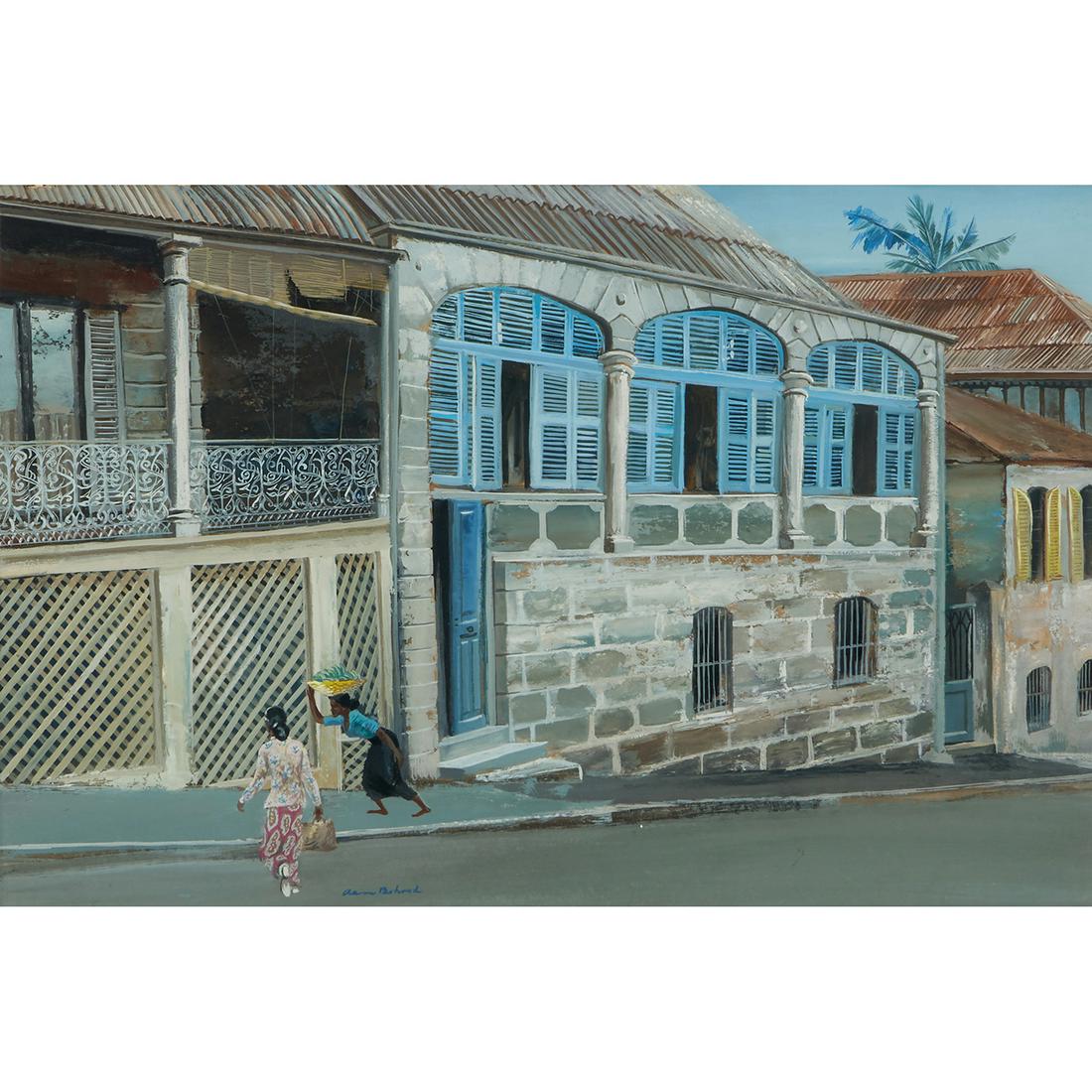 Aaron Bohrod, Street Scene, Noumea: Aaron Bohrod (American, 1907-1992) Street Scene, Noumea gouache on board signed lower left 12 1/2" x 19" Provenance: Associated American Artists, New York, New York (label on verso)