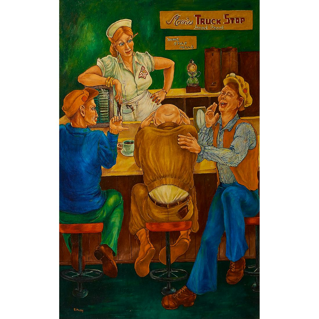S. Pash, Mom: S. Pash (American, 20th century) Mom's Truck Stop oil on canvasboard signed lower left 35 1/4" x 23" Provenance: Property from the Collection of Governor Jim Thompson, Chicago, Illinois