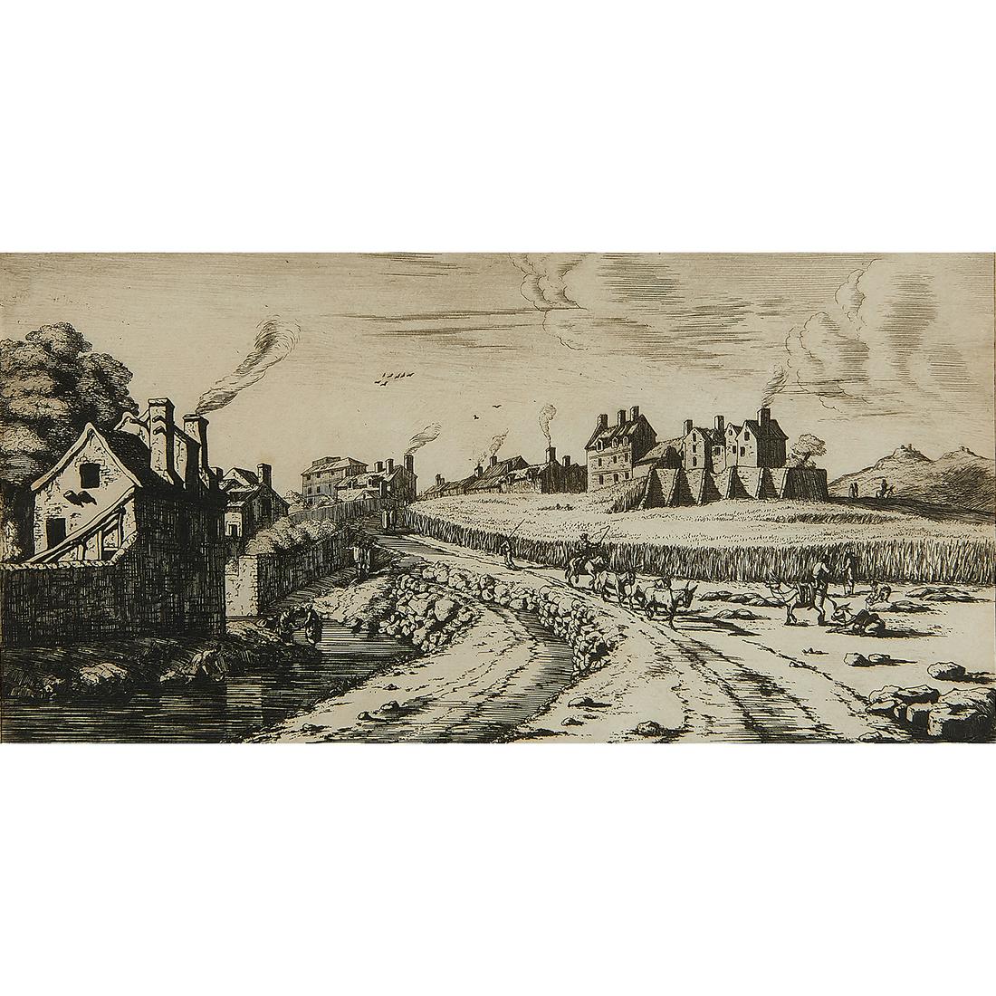 Charles Meryon, Village Scene, circa 1860: Charles Meryon (French, 1821-1868) Village Scene, circa 1860, after Reinier Nooms called Zeeman, together with Joseph Goupy (French, 1693-1782), River Landsape, after Salvatore Rosa etching signed and