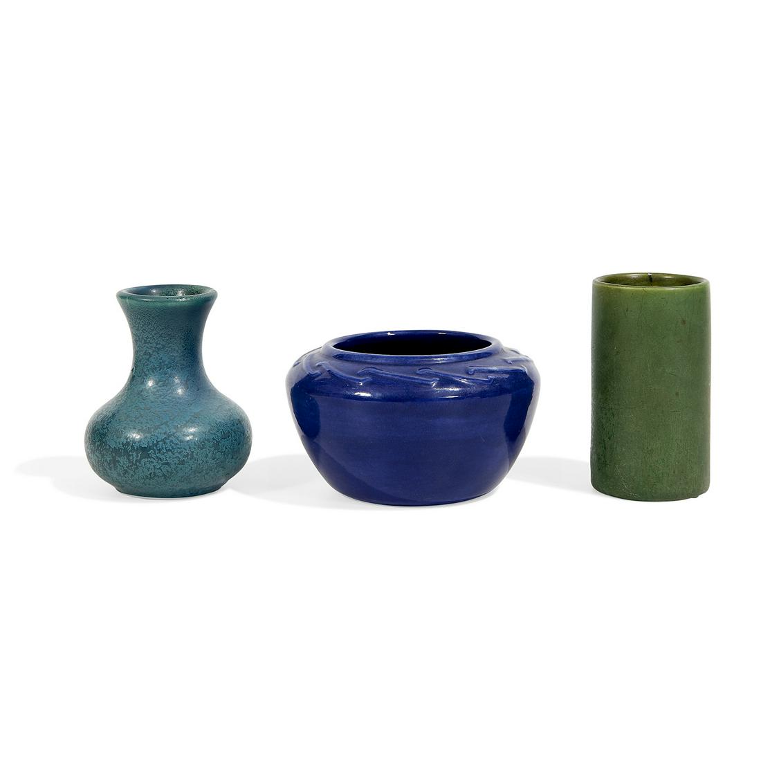 Hampshire Pottery bulbous vase: Hampshire Pottery bulbous vase Keene, New Hampshire matte blue glazed ceramic incised marks together with a Hampshire Pottery green cylinder vase and blue bowl 3 1/2"dia x 4 1/4"h