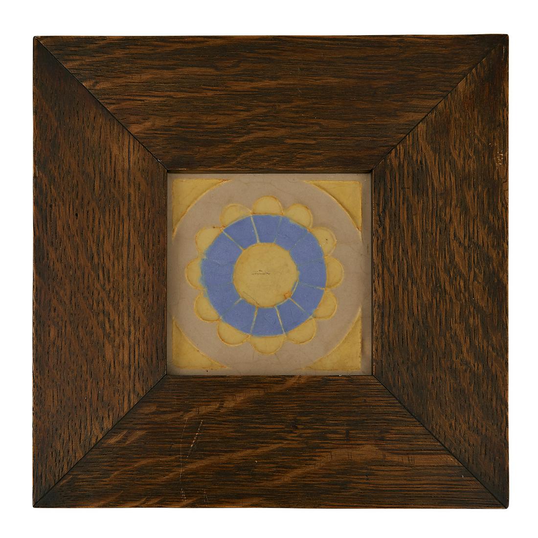 Wheatley Pottery Co. floral rosette tile: Wheatley Pottery Co. floral rosette tile Cincinnati, Ohio matte glazed ceramic, oak incised 1121 set in an oak frame tile: 4"sq; frame: 8 3/8"sq
