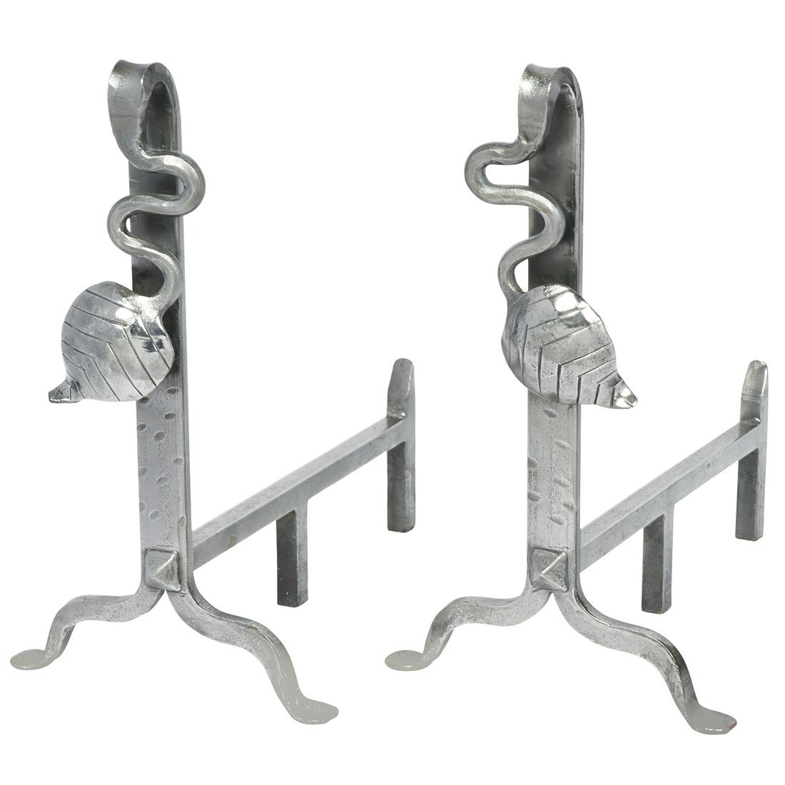 Arts & Crafts / Art Deco Vine motif andirons: Arts & Crafts / Art Deco Vine motif andirons USA, 1920s silvered wrought iron unmarked 10 1/4"w x 17"d x 18"h