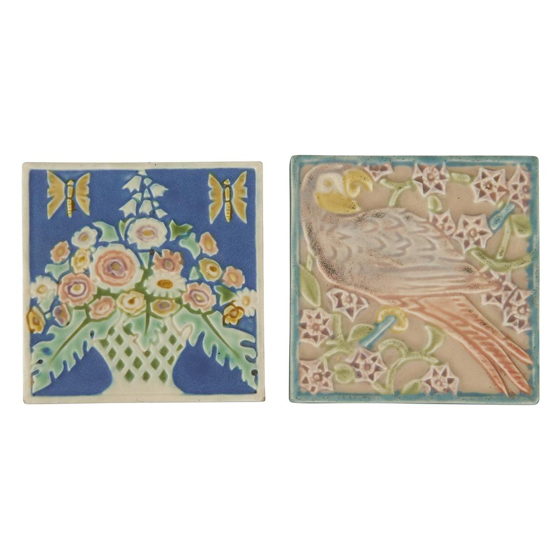 Rookwood Pottery trivets, two: #3077, #3206: Rookwood Pottery trivets, two: #3077 and #3206 Cincinnati, Ohio, 1928 and 1930 matte glazed ceramic impressed marks one decorated with a basket of flowers and butterflies; the other with a parrot and