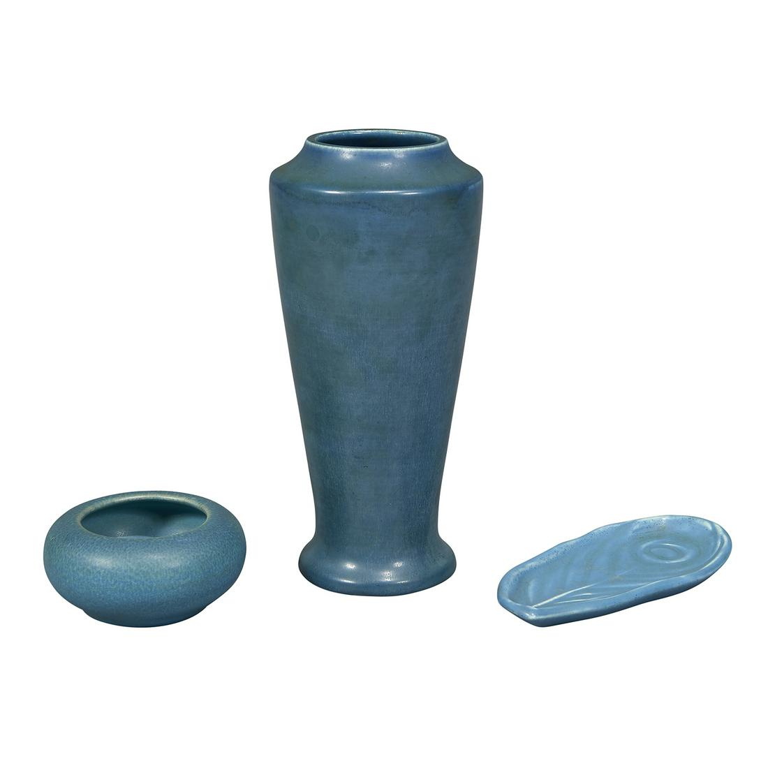 Rookwood Pottery tapered vase, #1356D: Rookwood Pottery tapered vase, #1356D Cincinnati, Ohio, 1926 matte blue glazed ceramic impressed marks together with a small bowl (1917), #1142 and a pin tray decorated with a peacock feather (1929),