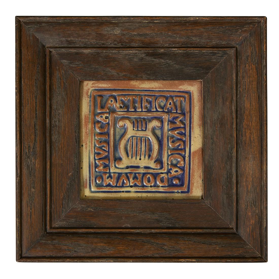 Moravian Tile music tile: Moravian Tile music tile Doylestown, Pennsylvania high glazed ceramic unmarked set in an oak frame tile: 4"sq; frame: 7 1/2"sq