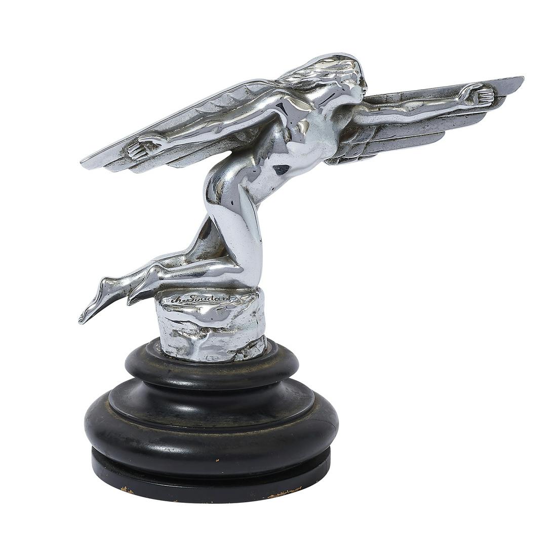 Charles Soudant L'Espace Art Deco female mascot: Charles Soudant L'Espace Art Deco winged female nude figural hood ornament / mascot France, circa 1921 nickel silver plated bronze impressed marks Susse Frères foundry 6 3/4"w x 1 3/4"d x 4 1/2"h