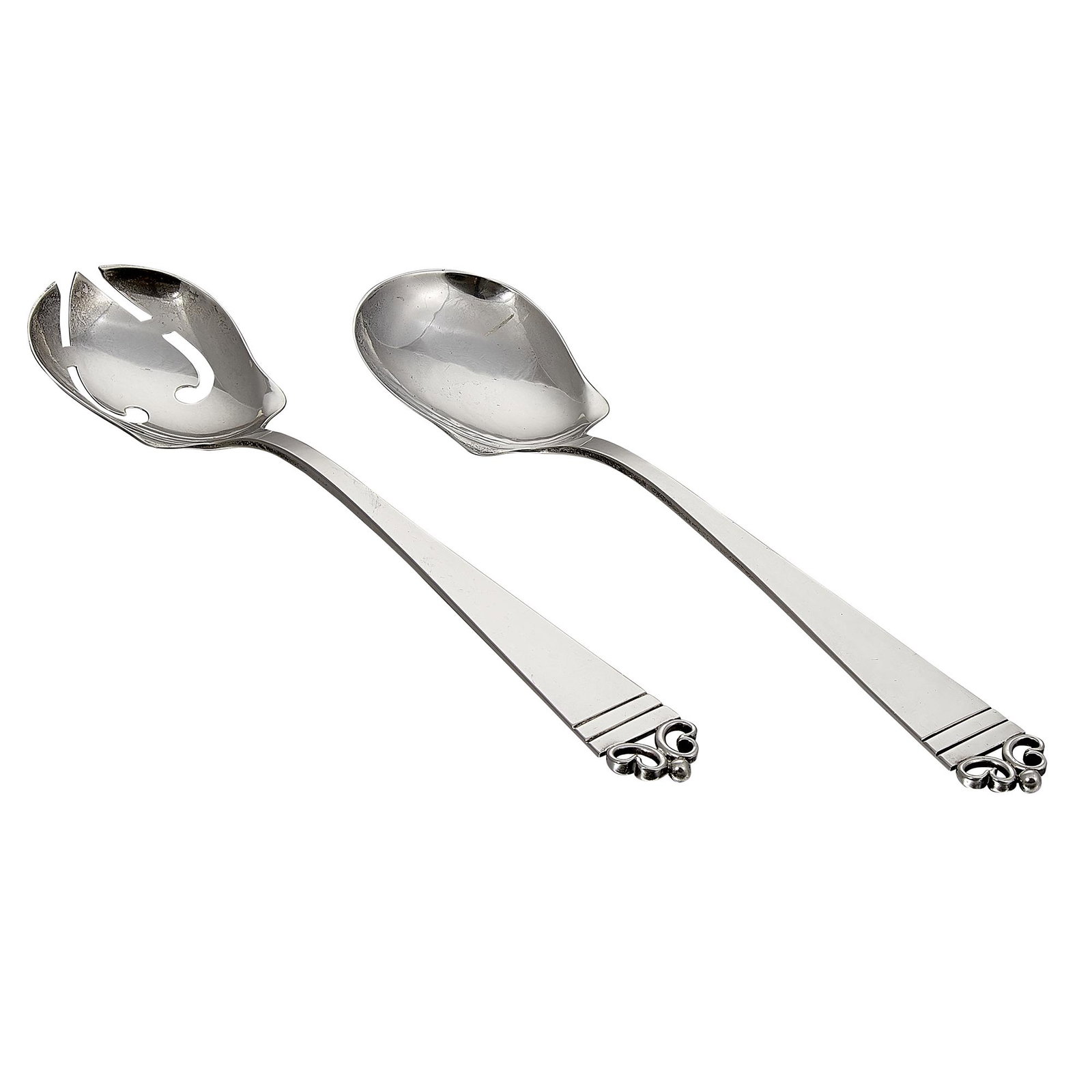 The Kalo Shop Ball and Scroll salad serving set: The Kalo Shop Ball and Scroll salad serving set, #6: spoon and fork Chicago, Illinois sterling silver stamped marks with two original Kalo Shop cloth bags 2"w x 8 3/4"l Provenance: The Paul & Terry So