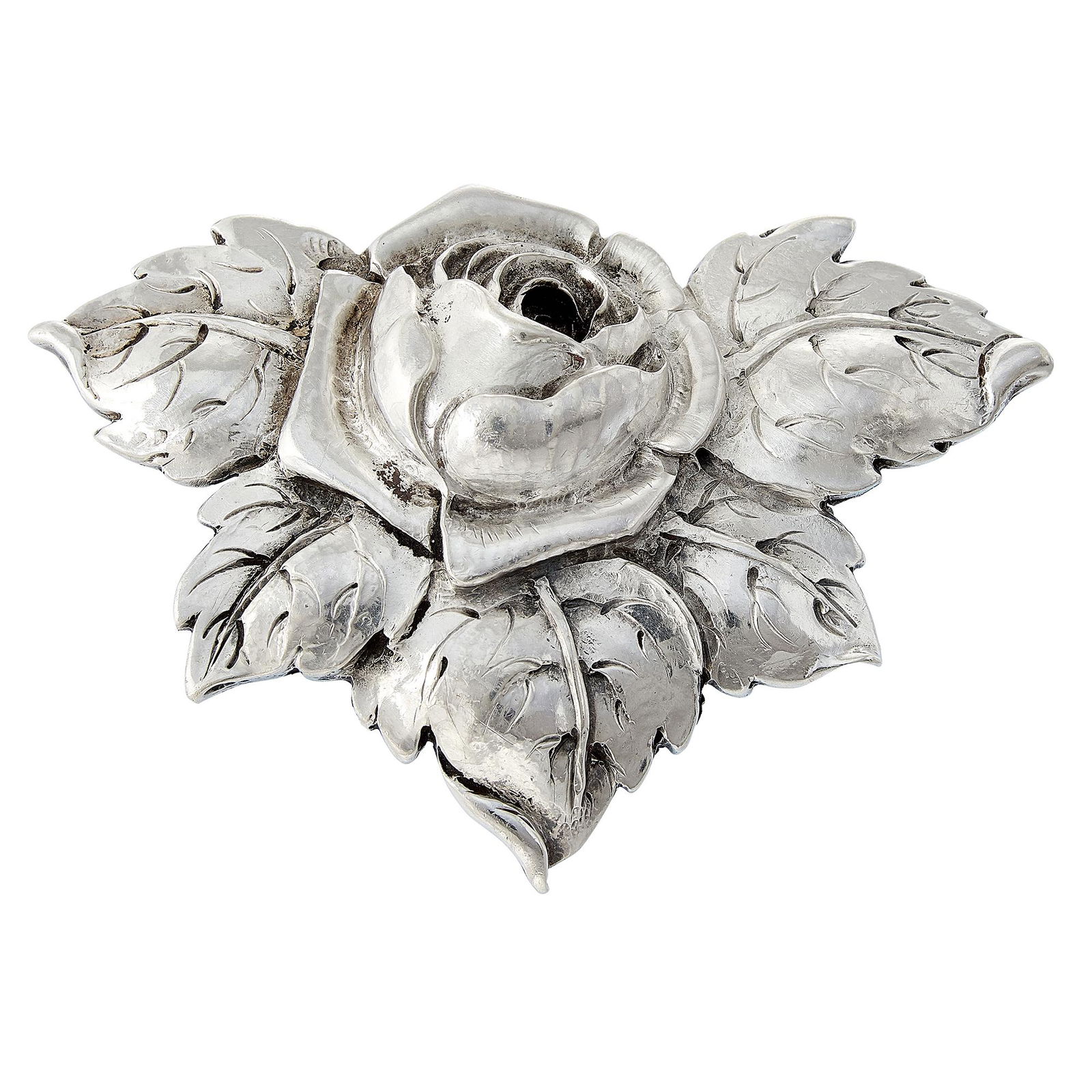 Clemens Friedell Rose brooch: Clemens Friedell (1872-1963) Rose brooch Pasadena, California sterling silver stamped marks 2 13/16"w x 1 15/16"h Provenance: The Paul & Terry Somerson Collection of 20th and 21st Century Metalwork an
