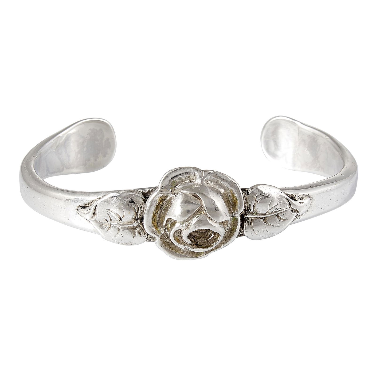 Clemens Friedell Rose cuff bracelet: Clemens Friedell (1872-1963) Rose cuff bracelet Pasadena, California sterling silver stamped marks opening: 2 1/8"w x 1 5/8"h Provenance: The Paul & Terry Somerson Collection of 20th and 21st Century