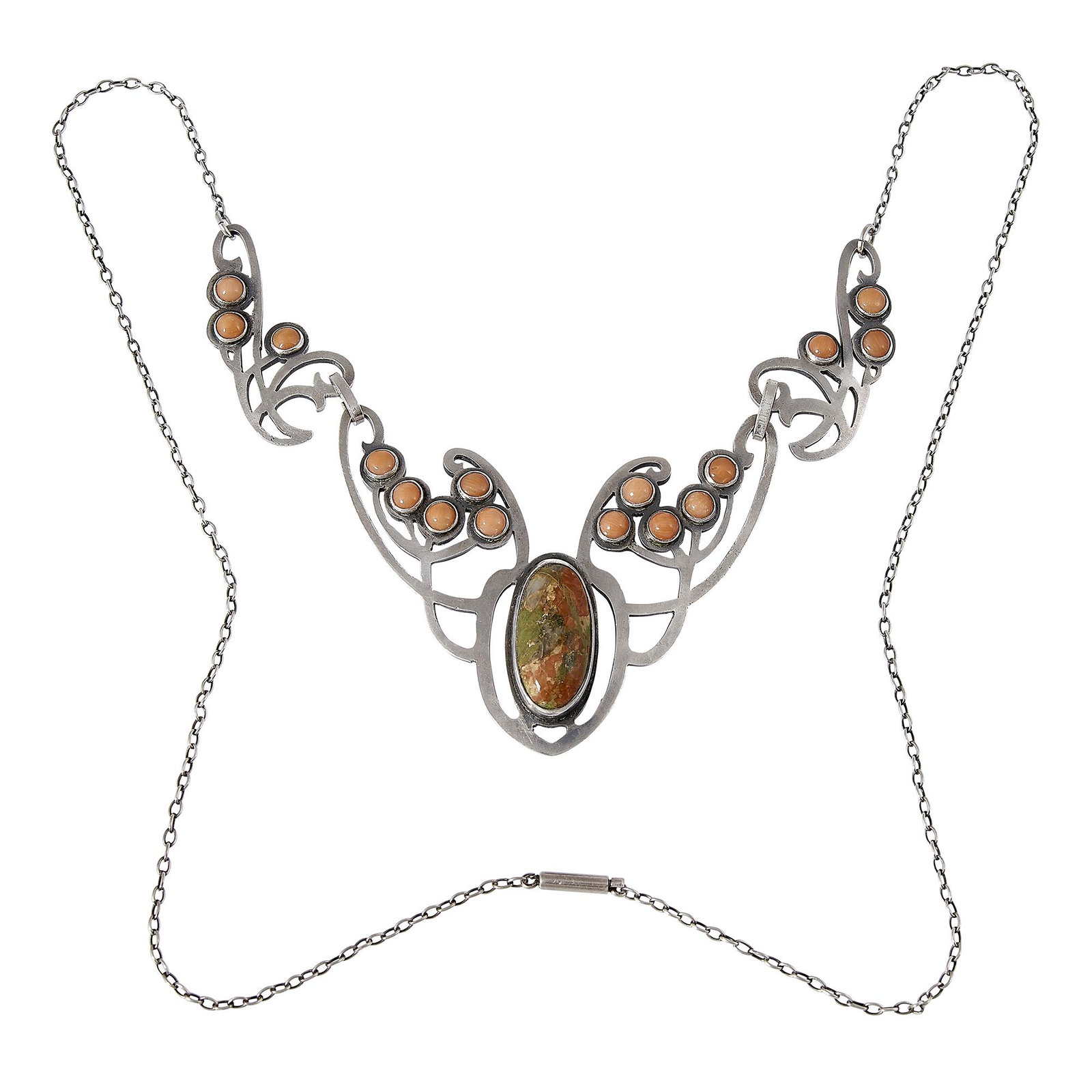 American Arts & Crafts necklace: American Arts & Crafts necklace sterling silver, jasper, coral stamped marks central pendant: 2 3/16"w x 1 11/16"h; chain: approximately 22"l Provenance: The Paul & Terry Somerson Collection of 20th a