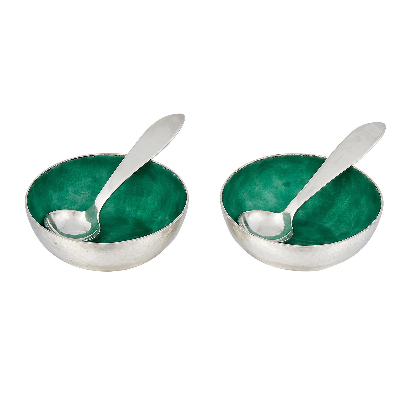 Stavre Gregor Panis salt cellars and spoons set: Stavre Gregor Panis (1889-1974) salt cellars and spoons set, pair Falmouth, Massachusetts sterling silver, green enamel stamped marks cellar: 2 1/8"dia x 3/4"h; spoon: 2 9/16"l Provenance: The Paul & 