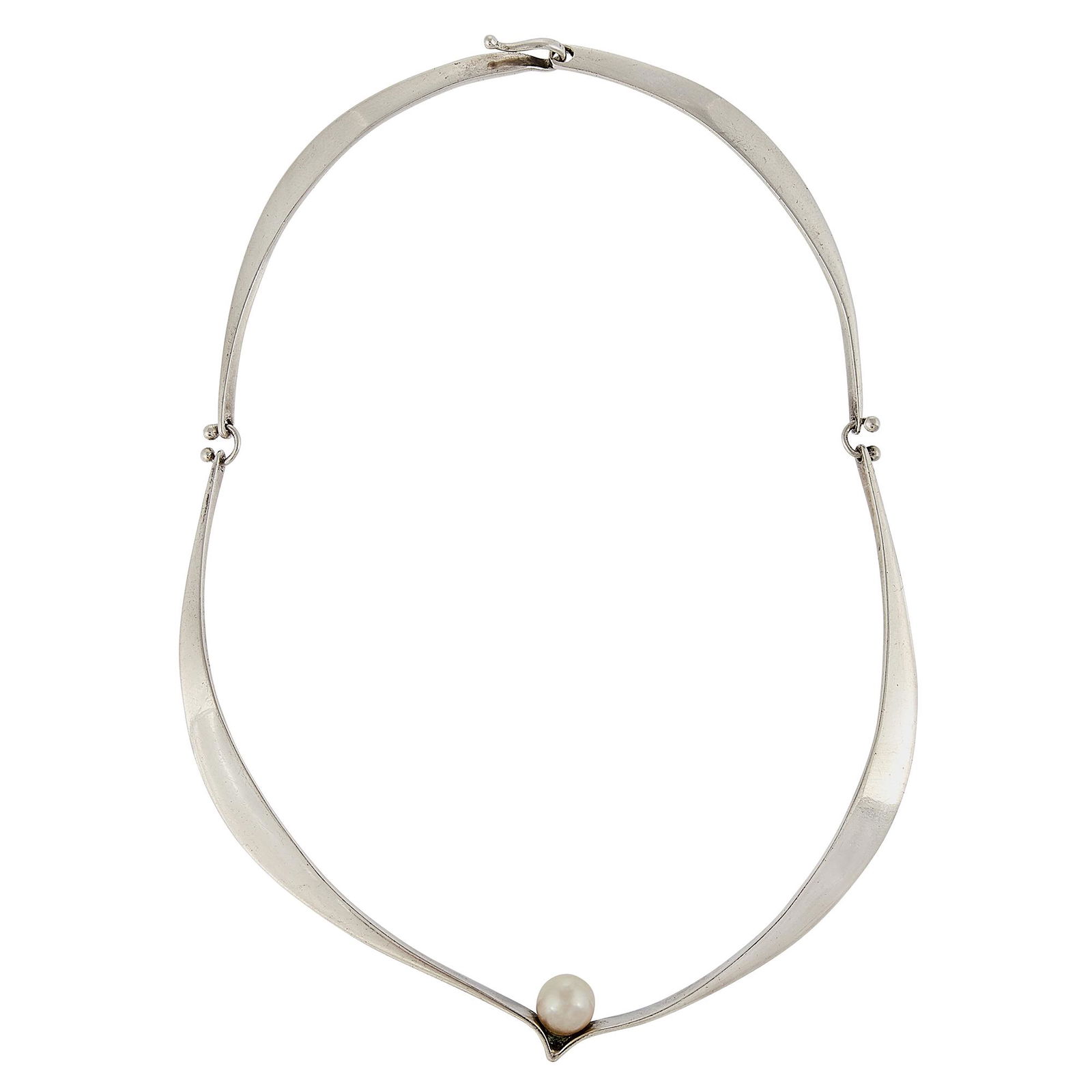 Ed Wiener choker necklace: Ed Wiener (1918-1991) choker necklace New York, New York sterling silver, 8mm cultured pearl stamped mark opening: 3 1/2"w x 5"d