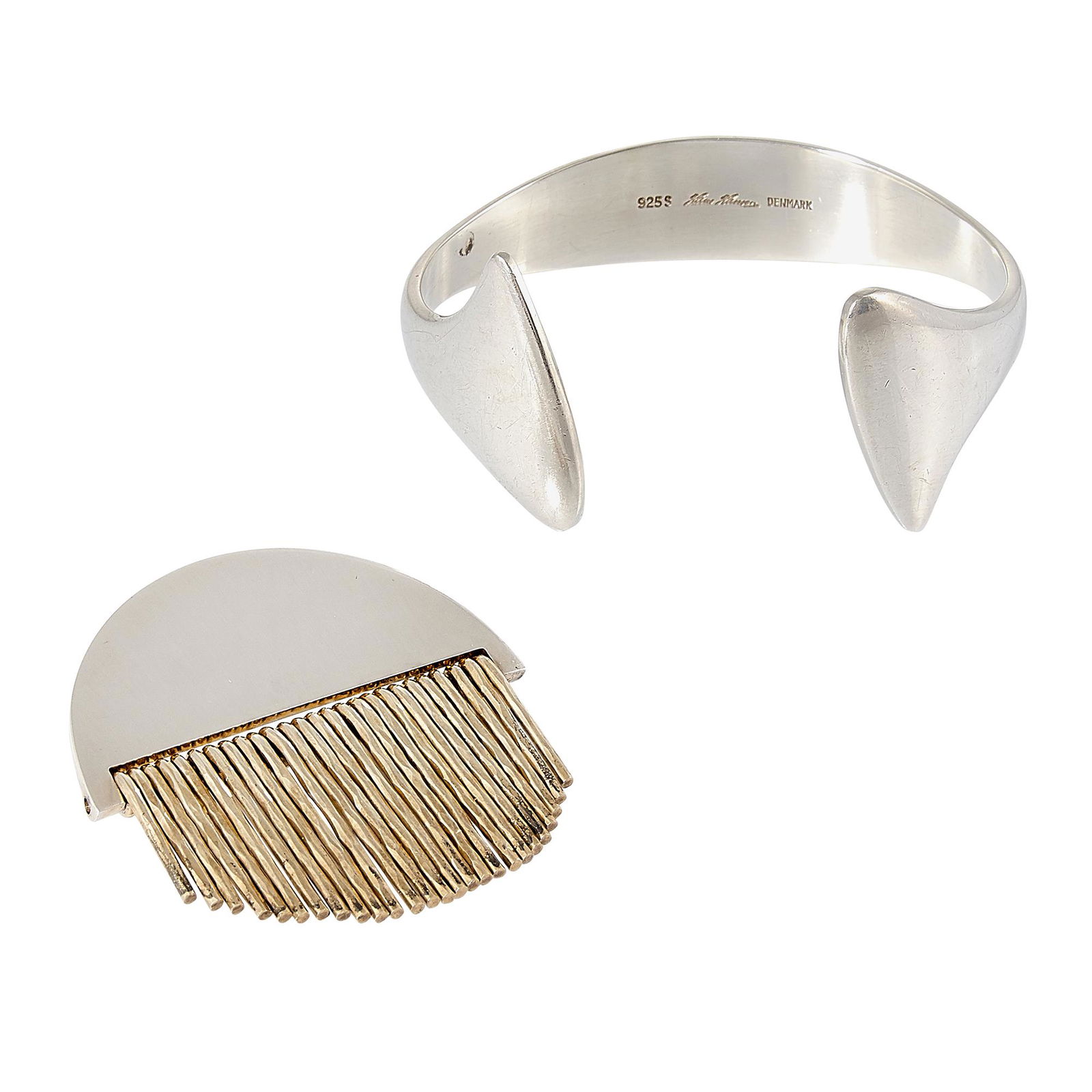 Hans Hansen cuff bracelet and kinetic brooch: Hans Hansen cuff bracelet and kinetic brooch Denmark sterling silver stamped marks bracelet: 2 1/2"w x 2 1/8"d x 1 1/8"h; brooch: 1 7/8"w x 1 13/16"h