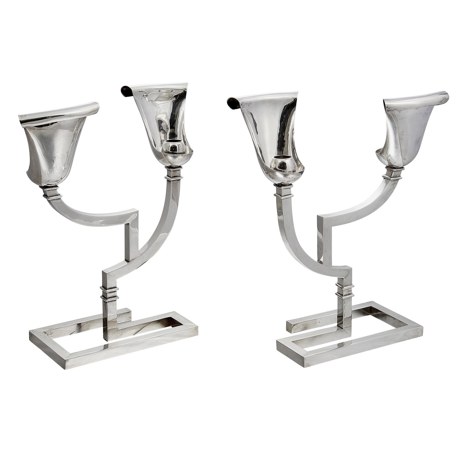 Antonio Pineda monumental candelabra, pair: Antonio Pineda (1919-2009) monumental two-light candelabra, pair Taxco, Mexico sterling silver stamped marks each: 14"w x 5 3/16"d x 15 3/8"h