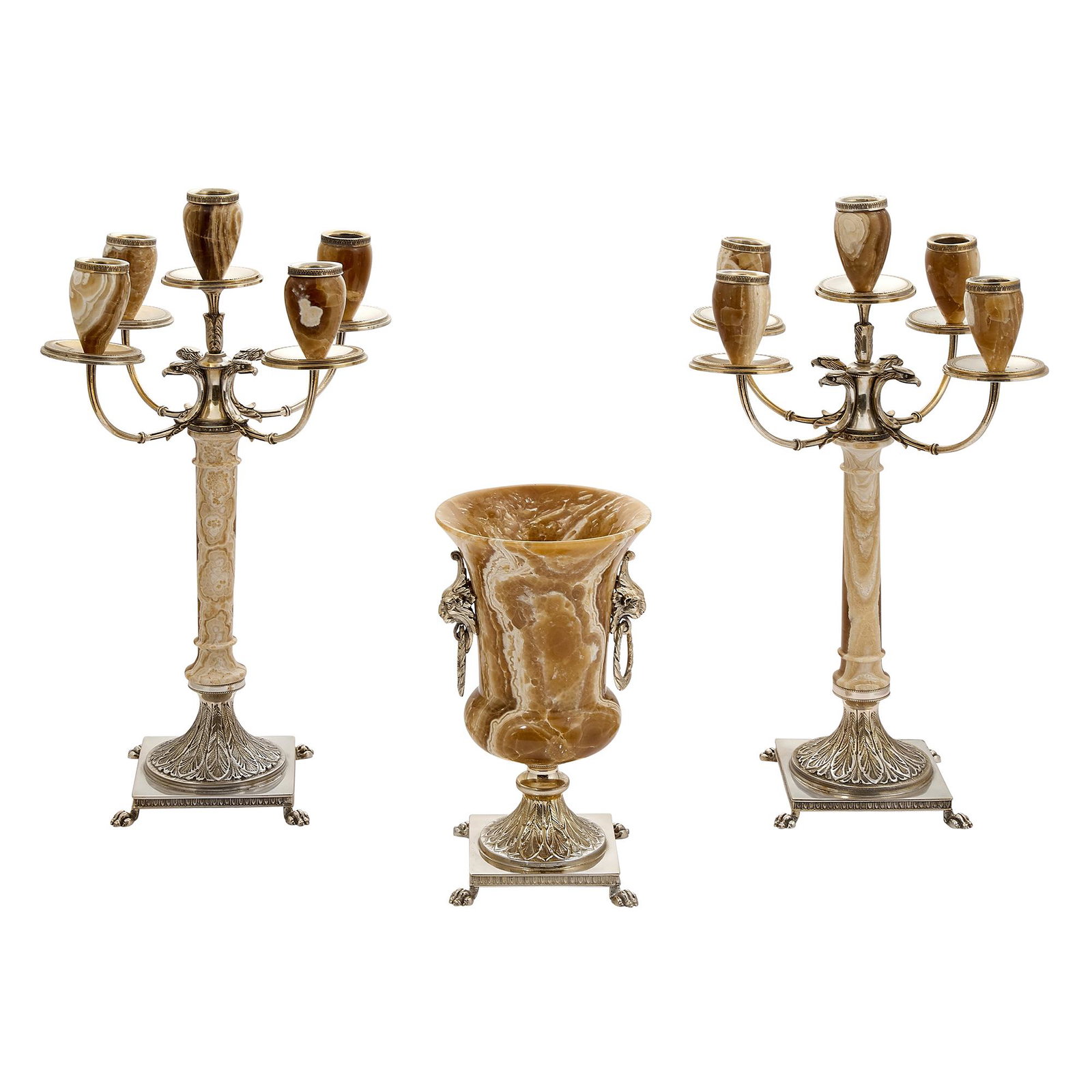 Melani & Busio S.n.c. three-piece table garniture: Melani & Busio S.n.c. three-piece table garniture: five-light candelabra, pair and a vase Firenze (Florence), Italy, 1960s .800 silver, onyx stamped hallmarks candelabrum: 8 1/4"w x 7 3/8"d x 14 3/4"h