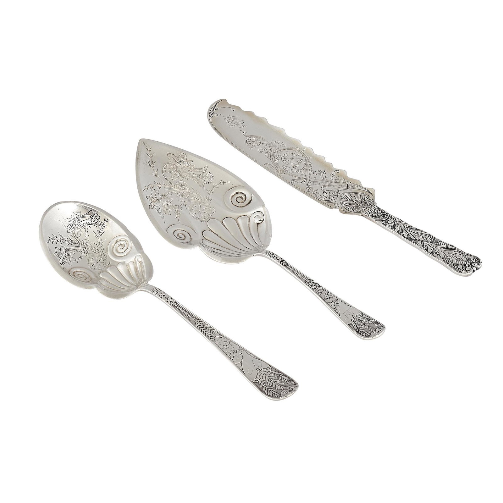 Gorham Mfg. Co. Aesthetic Movement serve articles: Gorham Mfg. Co. Aesthetic Movement serving articles, three items Providence, Rhode Island, circa 1885 sterling silver stamped marks comprising: St. Cloud ice cream slice, Laurel berry spoon and a Laur