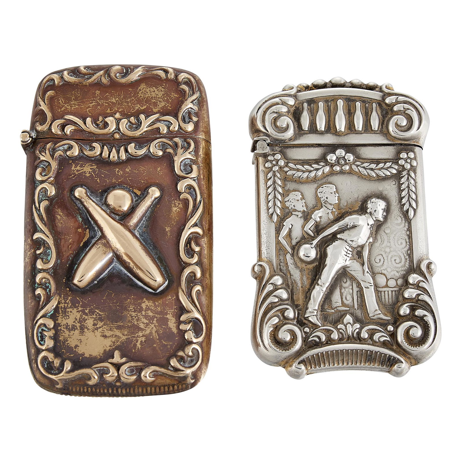 Sport / Bowling Related match safes / vesta, two: Sport / Bowling Related match safes / vesta, group of two: 1) bowlers in sterling silver 2) bowling ball and two pins in brass larger: 1 9/16"w x 2 7/8"l Provenance: Property from the Collection of Go