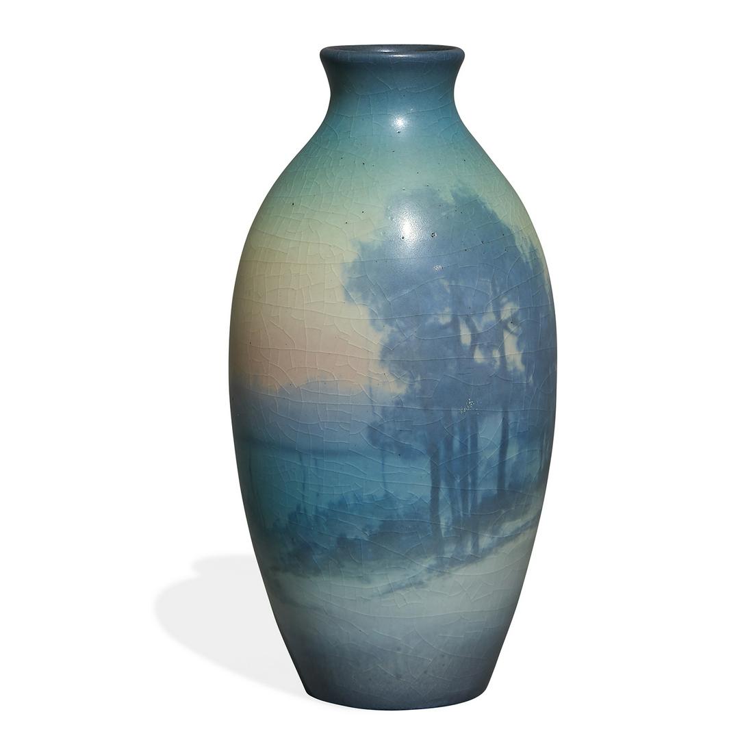Caroline Steinle for Rookwood Pottery Vellum vase: Caroline Steinle (1871-1944) for Rookwood Pottery scenic Vellum landscape vase, #732C Cincinnati, Ohio, 1921 matte glazed ceramic impressed marks 3 1/2"dia x 7 1/2"h