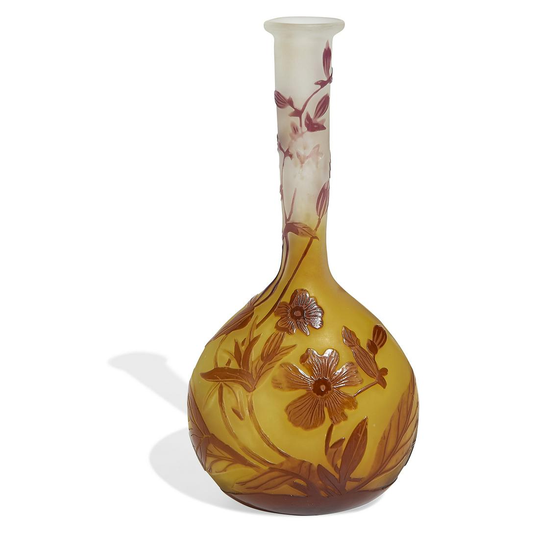 Gallé banjo Floral vase: Gallé banjo Floral vase Nancy, France cameo glass signed in cameo 3 1/4"w x 2 1/2"d x 6 3/4"h