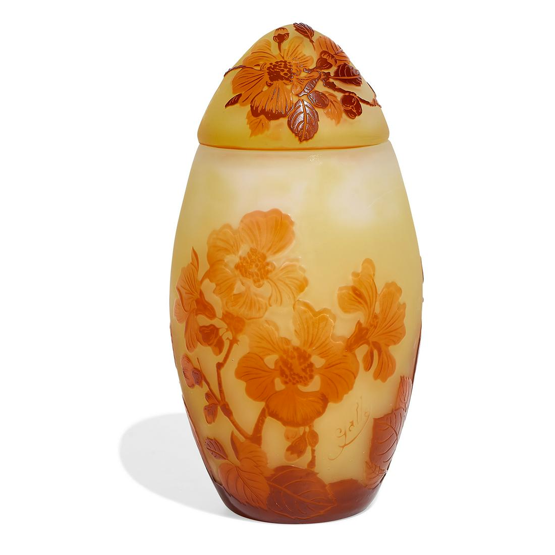 Gallé Cherry Blossom ovoid box: Gallé Cherry Blossom ovoid box Nancy, France red/yellow cameo glass signed in cameo, original paper label 4"dia x 8"h