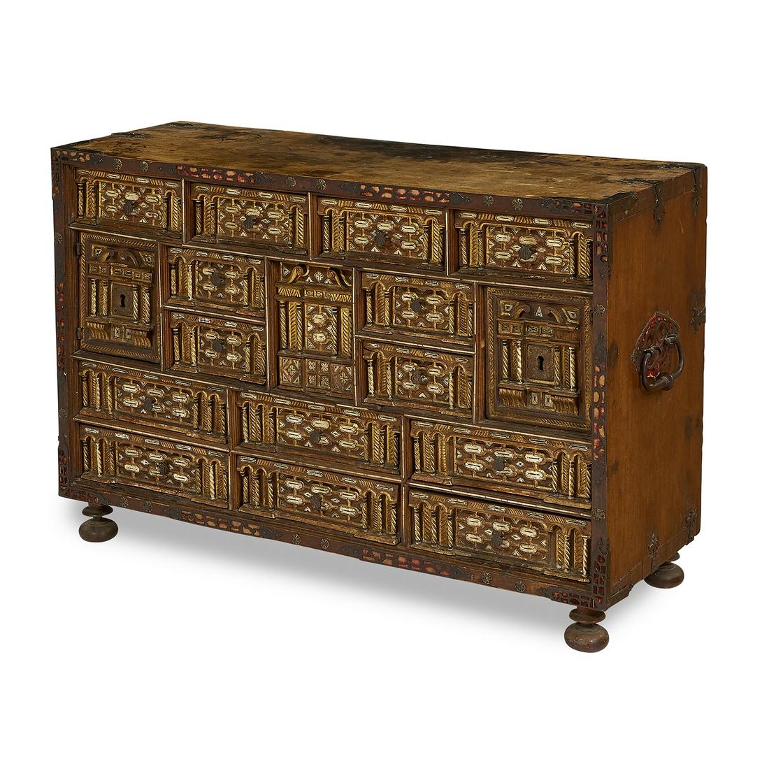 Spanish Antique varqueno top: Spanish Antique varqueno top Spain, 17th/18th century walnut, bone, iron 43"w x 15"d x 27 3/4"h