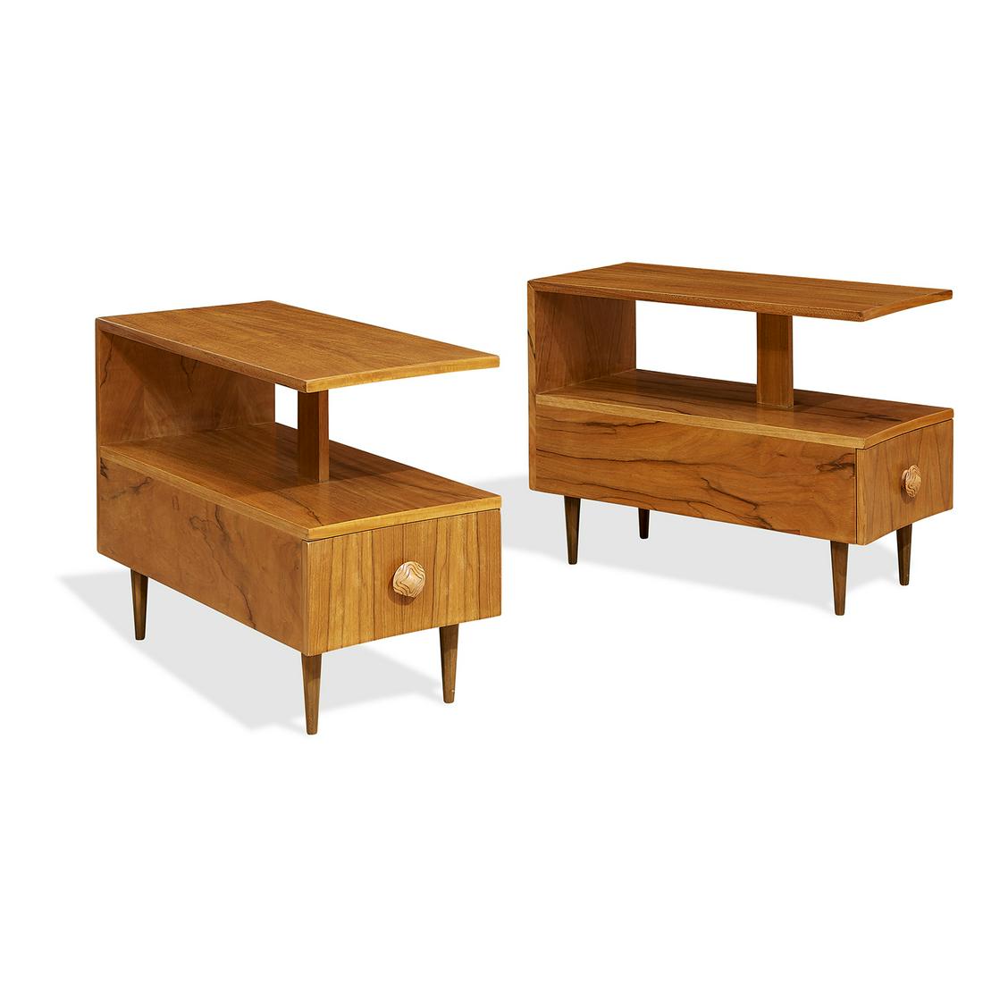 Gilbert Rohde for Herman Miller end tables, pair: Gilbert Rohde (1894-1944) for Herman Miller Paldao Group end tables, pair, #3461 Zeeland, Michigan, circa 1941 paldao Herman Miller foil tag to one example 15"w x 33"d x 24 1/2"h Provenance: The Estat