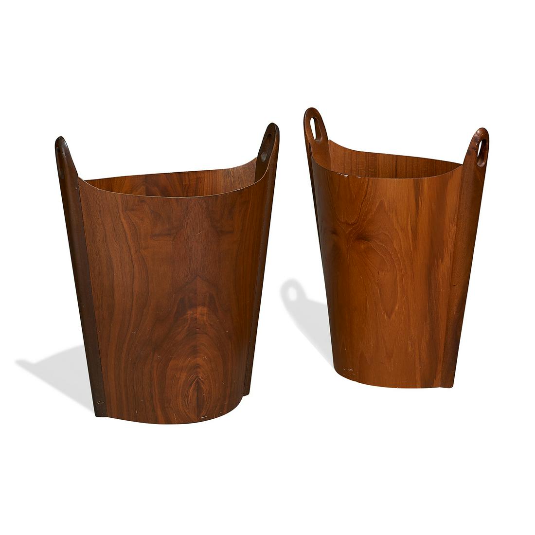 Einar Barnes for P.S. Heggen baskets, pair: Einar Barnes for P.S. Heggen wastepaper baskets, pair Norway, circa 1970 teak, plywood branded signatures 15 3/8"w x 8 1/2"d x 12 1/4"h
