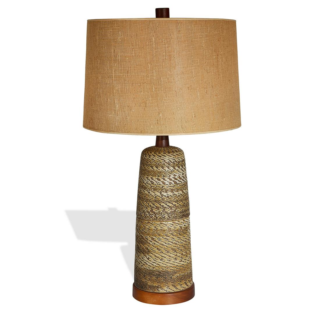 Gordon & Jane Marshall Martz table lamp: Gordon Martz (1924-2015) & Jane Marshall Martz (1929-2007) for Marshall Studios table lamp USA, 1950s glazed ceramic, original shade signed Martz base: 8"dia x 24"h; with shade: 18"dia x 34"h