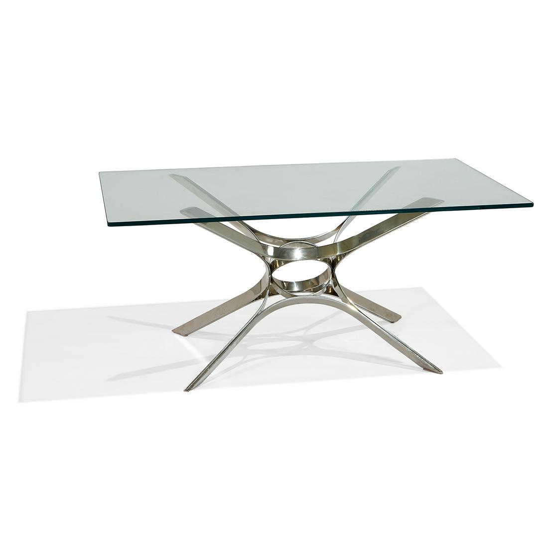 Roger Sprunger for Dunbar cocktail table: Roger Sprunger (1920-2008) for Dunbar cocktail table Berne, Indiana, 1950s chrome-plated steel, glass unmarked 45"w x 28"d x 19 1/2"h